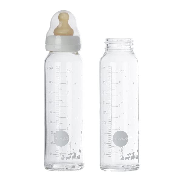 Стъклена бутилка за новородени HEVEA Standard с гърло - Бебешки бутилки с бавен поток от колики 0-3 месеца - Екологично чисти, без
