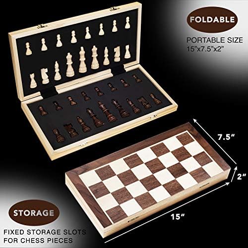 Комплект дървени магнитни шах AMEROUS 15 инча - 2 допълнителни Кралицата - Сгъваема дъска, Преносими Настолни шахматни комплекти