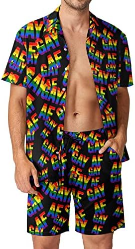 WEEDKEYCAT ЛГБТ Гей Гордост AF Мъжки Плажни Дрехи От 2 теми, Хавайска Риза с копчета с Къс ръкав и къси Панталони, Комплекти за