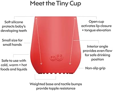 Набор от ezpz Tiny Collection (Корал) - Силиконова кърпа, чаша и лъжичка за първи прикорма + Отлучение дете от гърди + Пюре