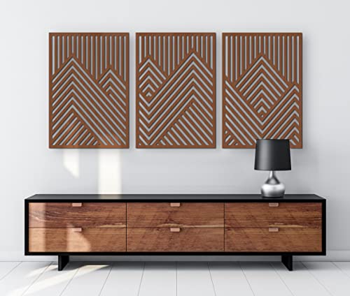 Набор от Wood Wall Art Mountains от 3 Геометрични Дървени Декоративни панели (Сенчестия черен)