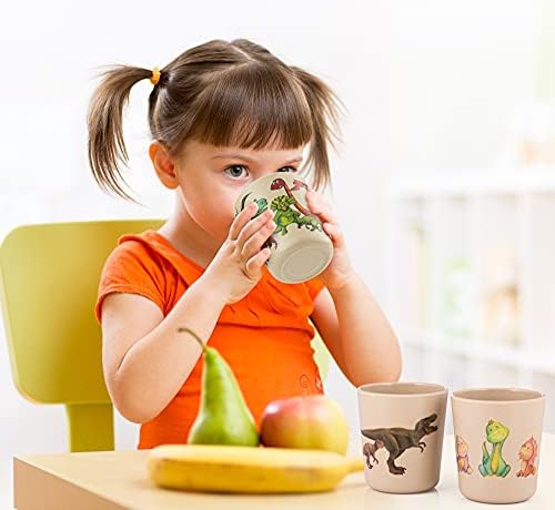 Бамбукови чаша за деца - Комплект от 3 Забавни чаши с динозаври - Бамбукови чаша с обем 8 унции - Детски чаши за пиене и мезета,